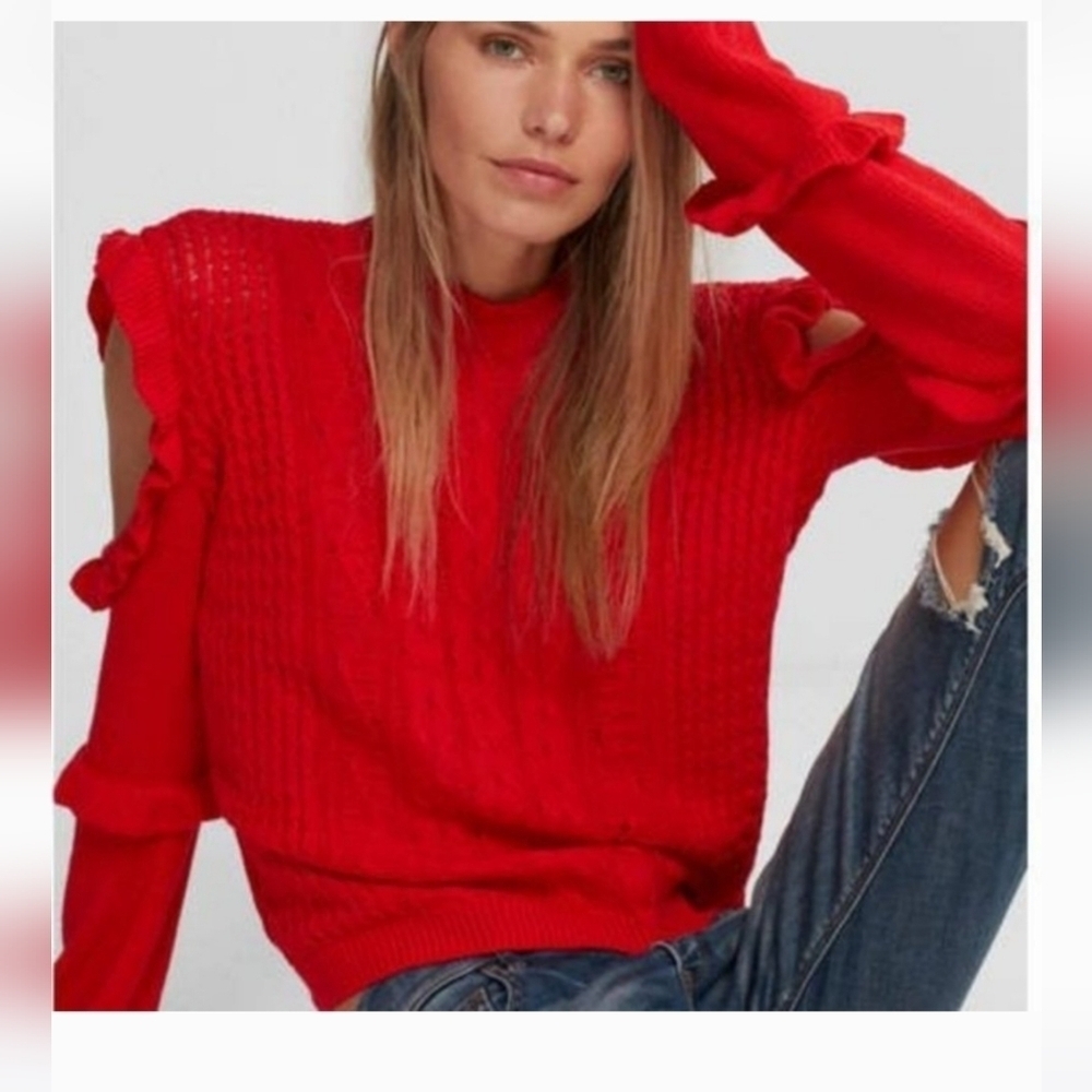 Express Red Cable Knit Cold Shoulder Ruffle Sweater XS - Picture 11 of 11